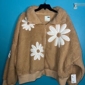 SO Tan Teddy Jacket with White Floral Design